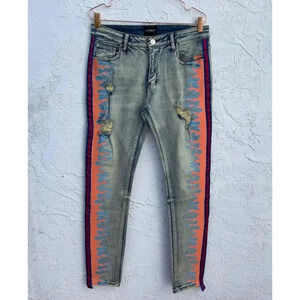 Cooper Los Angeles Mens Flame Print Distressed Slim Stretch Jeans Blue Sz 32